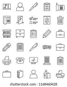 thin line vector icon set - trash bin vector, shining window, pencil, student, case, pen, clipboard, archive, exam, binder, receipt, classic phone, diagnostic monitor, medical room, user, building
