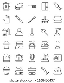 thin line vector icon set - plunger vector, vacuum cleaner, fetlock, bucket, sponge, car, washing powder, rubber glove, water tap, kettle, spatula, blender, fridge, coffee maker, hood, double boiler