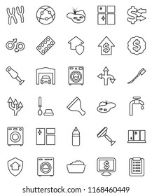 thin line vector icon set - scraper vector, car fetlock, window cleaning, toilet brush, washer, foam basin, shining, blender, exchange, dollar growth, medal, monitor, water bottle, route, internet