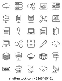 thin line vector icon set - pen vector, notebook pc, document, archive, laptop graph, binder, signpost, attention, satellite antenna, network, server, cloud, exchange, big data, share, upload, open