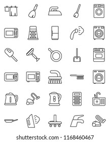 thin line vector icon set - scraper vector, broom, water tap, vacuum cleaner, fetlock, scoop, iron, steaming, drying clothes, washer, sink, pan, kettle, grater, microwave oven, fridge