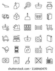 thin line vector icon set - scoop vector, washing powder, cereal, pasta, binder, first aid kit, wood box, cargo, no trolley, warehouse, package, search, radio, relocation truck, mailbox, gift