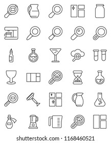 thin line vector icon set - scraper vector, window cleaning, shining, measuring cup, jug, jar, oil, magnifier, flask, glass, cargo search, vial, sand clock, potion, cloud, estate, coffee maker