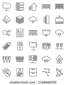 thin line vector icon set - archive vector, personal information, dollar growth, presentation board, barcode, music hit, social media, network, server, folder, cloud exchange, big data, hub, upload