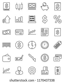 thin line vector icon set - abacus vector, dollar coin, graph, japanese candle, credit card, cash, crisis, piggy bank, manager, growth, check, annual report, receipt, clock, target, medal, sign