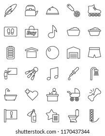 thin line vector icon set - welcome mat vector, toilet, foam basin, kettle, skimmer, dish, pen, blackboard, student, music, fitball, shorts, roller Skates, shuttlecock, attention, dry cargo, battery
