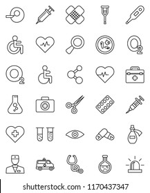 thin line vector icon set - flask vector, heart pulse, molecule, cross, first aid kit, oxygen, doctor bag, disabled, thermometer, vial, eye, magnifier, insemination, syringe, crutches, scissors