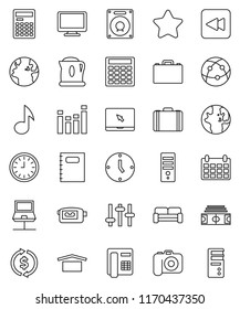 thin line vector icon set - copybook vector, case, calculator, music, world, exchange, clock, calendar, stadium, earth, dry cargo, camera, settings, equalizer, video, internet, monitor, notebook pc