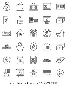 thin line vector icon set - school building vector, bank, dollar coin, gold ingot, credit card, percent growth, money bag, piggy, check, receipt, medal, shield, safe, monitor, wallet, reader
