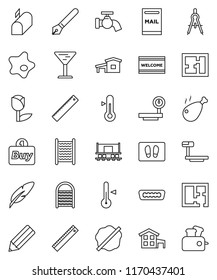 thin line vector icon set - water tap vector, splotch, welcome mat, washboard, thermometer, chicken leg, pen, pencil, ruler, drawing compass, Railway carriage, glass, tulip, big scales, hdmi, plan