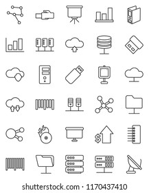 thin line vector icon set - presentation vector, graph, dollar growth, binder, board, barcode, music hit, social media, network, server, folder, cloud, shield, exchange, big data, hub, lan connector