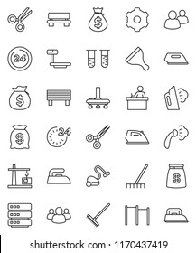 thin line vector icon set - scraper vector, vacuum cleaner, rake, iron, steaming, student, money bag, horizontal bar, big scales, group, vial, scissors, data, gear, bench, construction crane