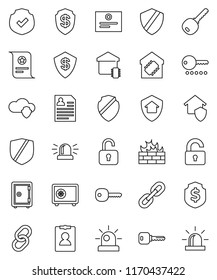 thin line vector icon set - certificate vector, personal information, dollar shield, safe, protected, link, cloud, firewall, chain, key, siren, unlock, smart home, protect, password