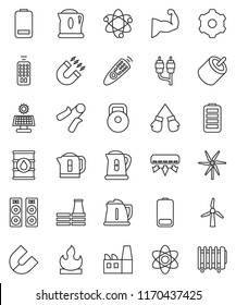 thin line vector icon set - kettle vector, atom, magnet, weight, hand trainer, muscule, boxing glove, flammable, oil barrel, remote control, battery, rca, gear, solar panel, windmill, factory