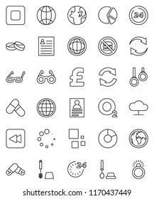 thin line vector icon set - toilet brush vector, glasses, world, personal information, pie graph, pound, pills, no fastfood, gymnast rings, oxygen, earth, stop button, backward, cloud network, globe