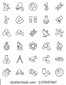 thin line vector icon set - thermometer vector, drawing compass, atom, telescope, magnet, flask, pills, molecule, satellite, antenna, vial, dna, microscope, drop counter, ovule