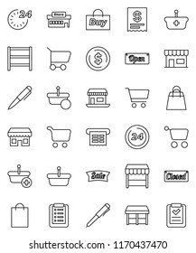 thin line vector icon set - pen vector, dollar coin, cart, office, shelving, sale, open, closed, 24 hour, shopping bag, market, store, mall, buy, receipt, basket, list