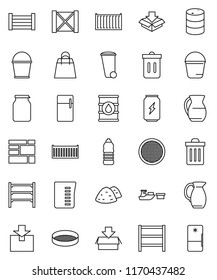 thin line vector icon set - bucket vector, trash bin, garbage pile, measuring cup, jug, sieve, jar, enegry drink, water bottle, sea container, port, wood box, consolidated cargo, package, oil barrel
