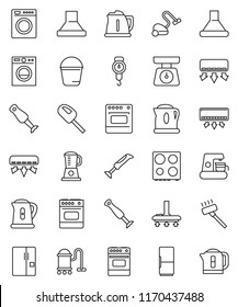 thin line vector icon set - vacuum cleaner vector, bucket, kettle, scales, oven, blender, air conditioner, fridge, washer, coffee maker, hood