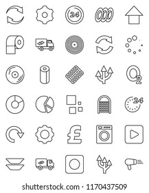 thin line vector icon set - washboard vector, toilet paper, plates, pie graph, arrow up, pound, oxygen, disk, play button, rec, pills blister, gear, refresh, redo, loading, route, relocation truck