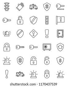 thin line vector icon set - rubber glove vector, dollar shield, safe, attention, traffic light, amkbulance car, lock, unlock, key, sign, siren, home protect, password