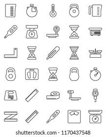 thin line vector icon set - measuring cup vector, scales, corner ruler, sand clock, stopwatch, weight, big, thermometer, store, kitchen
