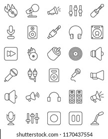 thin line vector icon set - disk vector, music hit, microphone, speaker, loudspeaker, settings, headphones, pause button, forward, rec, rca, jack