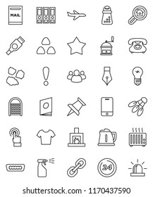 thin line vector icon set - sprayer vector, washboard, garbage pile, kettle, hand mill, cereal, pen, binder, t shirt, shuttlecock, attention, plane, phone, mobile, touchscreen, link, group, hdmi