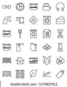 Thin Line Vector Icon Set - Water Tap Vector, Drying Clothes, Washer, Washing Powder, Sprayer, Kettle, Cake, Leaf, Graph, Sand Clock, Yen Sign, Earth, Calendar, Document, Flammable, Headphones, Sold