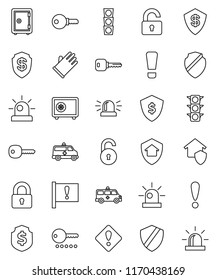 thin line vector icon set - rubber glove vector, dollar shield, safe, attention, traffic light, amkbulance car, unlock, key, sign, siren, lock, home protect, password