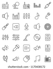 thin line vector icon set - music vector, disk, microphone, radio, speaker, loudspeaker, settings, equalizer, forward button, backward, rca, jack