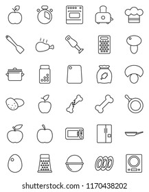 thin line vector icon set - pan vector, camping cauldron, cook hat, timer, spatula, cutting board, grater, toaster, blender, plates, cereal, egg, mushroom, potato, chicken leg, apple fruit, diet
