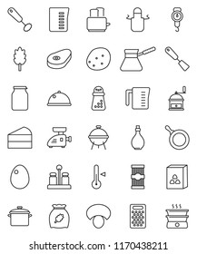 thin line vector icon set - pan vector, oil, measuring cup, scales, apron, whisk, spatula, hand mill, grater, turk coffee, toaster, spices, thermometer, bbq, dish, jar, cereal, egg, pasta, mushroom