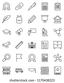 thin line vector icon set - book vector, graduate hat, pen, university, pencil, blackboard, ruler, backpack, telescope, calculator, medal, school bus, presentation, archive, personal information