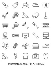 thin line vector icon set - plunger vector, scraper, sponge, iron, rubber glove, cook press, spatula, ladle, rolling pin, grater, double boiler, blender, pen, measuring, first aid kit, social media