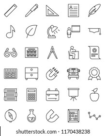 thin line vector icon set - book vector, graduate hat, pen, blackboard, corner ruler, drawing compass, glasses, student, backpack, apple fruit, table lamp, calculator, schedule, medal, certificate