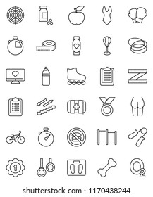 thin line vector icon set - diet vector, measuring, scales, stopwatch, clipboard, pills vial, bike, hand trainer, horizontal bar, punching bag, buttocks, boxing glove, swimsuite, roller Skates, bone