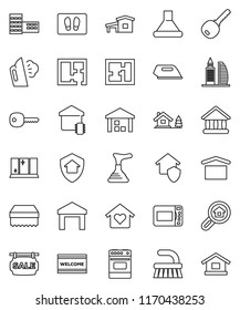 thin line vector icon set - plunger vector, fetlock, sponge, welcome mat, steaming, shining window, oven, school building, university, dry cargo, warehouse, key, cottage, chalet, plan, office, smart