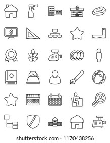 thin line vector icon set - sprayer vector, plates, kettle, steak, pen, university, school building, corner ruler, student, medal, man, hierarchy, calendar, monitor dollar, cereals, protected, home