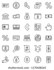 thin line vector icon set - certificate vector, bank, dollar coin, credit card, cash, money bag, piggy, investment, search, shield, safe, calendar, monitor, cursor, yen sign, cent, receipt, percent