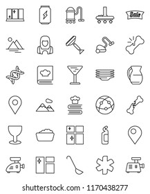 thin line vector icon set - scraper vector, vacuum cleaner, window cleaning, foam basin, agent, plates, shining, woman, ladle, cookbook, jug, enegry drink, glass, internet, ambulance star, dna, pin