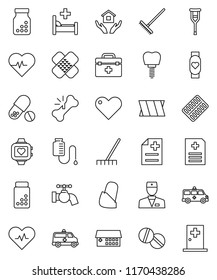 thin line vector icon set - rake vector, water tap, house hold, heart pulse, pills vial, monitor, doctor bag, crutches, broken bone, patch, bottle, blister, anamnesis, hospital bed, building