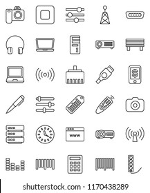 thin line vector icon set - pen vector, clock, barcode, camera, antenna, equalizer, remote control, headphones, stop button, hdmi, big data, browser, lan connector, bench, wireless, calculator