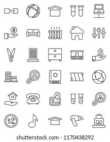 thin line vector icon set - clothespin vector, house hold, music, archive, investment, navigator, phone, dry cargo, Railway carriage, settings, vial, microbs, bandage, connection, notebook network