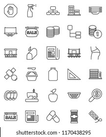 thin line vector icon set - washing powder vector, sprayer, plates, colander, jar, pasta, corner ruler, apple fruit, coin stack, money search, hierarchy, buttocks, pills, Railway carriage, satellite