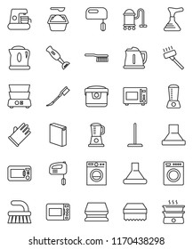 thin line vector icon set - plunger vector, vacuum cleaner, fetlock, mop, sponge, car, washing powder, rubber glove, kettle, microwave oven, double boiler, blender, washer, mixer, coffee maker, hood
