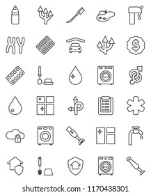 thin line vector icon set - water drop vector, car fetlock, window cleaning, toilet brush, washer, shining, blender, dollar medal, bottle, route, ambulance star, gender sign, pills blister, arrow