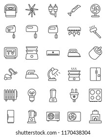 thin line vector icon set - vacuum cleaner vector, iron, mixer, oven, double boiler, table lamp, tv, rca, windmill, air conditioner, ari condition, fridge, power plug, multi cooker, blender, fan