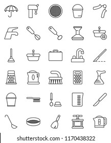 thin line vector icon set - plunger vector, broom, water tap, fetlock, bucket, car, toilet brush, measuring cup, cook press, whisk, ladle, grater, sieve, case, hand trainer, umbrella, scalpel