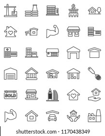 thin line vector icon set - house hold vector, skimmer, school building, university, bank, muscule hand, office, dry cargo, warehouse, hospital, cottage, chalet, garage, barn, sold signboard